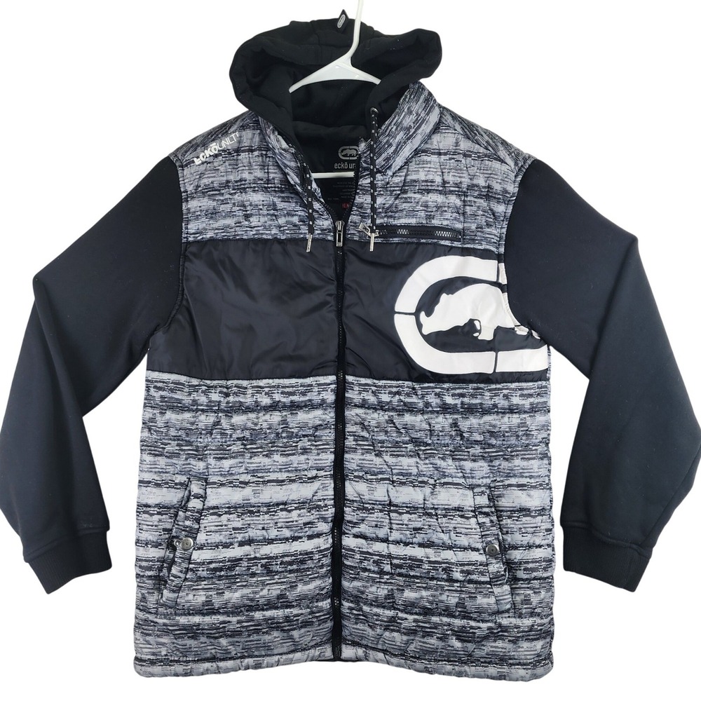 Ecko Unltd Hybrid Puffer Hoodie Jacket Grey Black Rhino‎ Logo Mens Medium